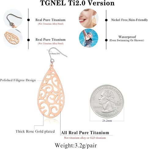 TGNEL أقراط مخرمة مخرمة من التيتانيوم أقراط متدلية للنساء، أقراط دمعة خفيفة الوزن للأذنين الحساسة فضي/ذهبي/ذهبي وردي in Saudi Arabia