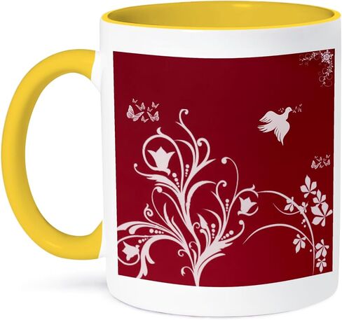 3dRose Floral Pattern in White on a Red Background with Dove and Butterflies. Ceramic Mug, 11-Ounce in Kuwait