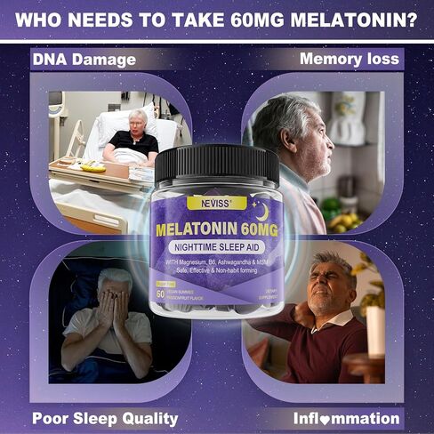 Antioxidant & Brain Support Melatonin 60mg 30mg for 50+ Adults | High Dose Melatonin for Anti-Aging & Immune | Extra Strength Melatonin Gummies with B6, Ashwagandha, Magnesium, MSM - 60 Gummies in Saudi Arabia