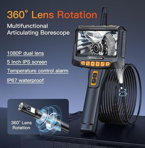 Borescope,Dual Lens Endoscope Camera with Light,5" IPS Screen IP67 Waterproof Sewer Camera Borescope, 360° Rotation Pipe Camera for for Wall, Plumbing, Automotive,Gift for Men (16.5FT) in Saudi Arabia