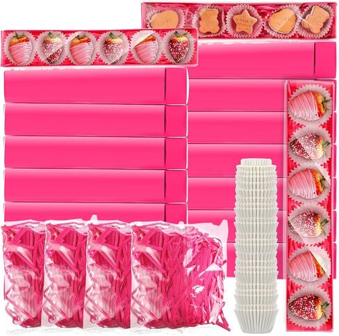 Cholemy 40 Sets Chocolate Strawberries Boxes with Clear Window 250 Pcs Paper Food Trays 4 Bags Raffia Bakery Macaron Boxes Disposable Serving Trays Gifts 12 x 2.2 x 2 Inches(Red) in Saudi Arabia