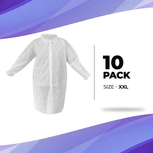 AMZ معطف المختبر القابل للتصرف 3XL. 35 GSM PP معاطف مختبر بيضاء يمكن التخلص منها للبالغين. عبوة من 10 قطع من معطف المختبر بطول الركبة وأكمام طويلة ومعصمين مطاطيين وحلقات تثبيت. معطف المختبر الأبيض لا جيوب in Kuwait