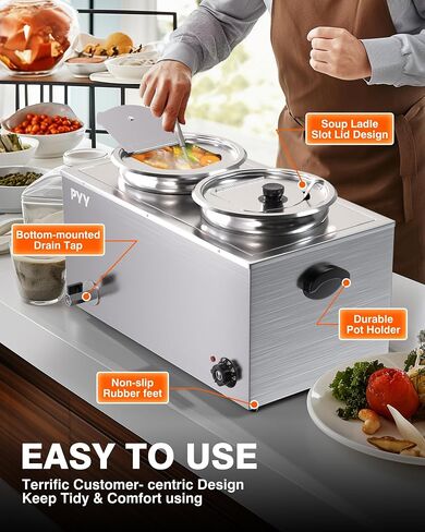 PYY Commercial Soup Warmer, Steam Table Food Warmer Electric Countertop Bain Marie Station with Large Stainless Steel Dual 9.2QT Round Pots for Restaurants, Parties, Buffets and Catering 86-185°F in Saudi Arabia
