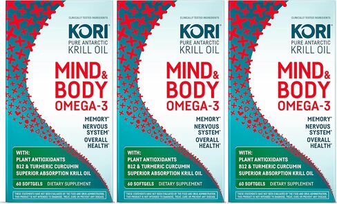 Kori Krill Kori Mind & Body Omega-3 Oil Omega 3, Brain Supplements for Memory and Focus, Lutein, Zeaxanthin, B12, Tumeric Curcumin, 80 Softgels in Saudi Arabia