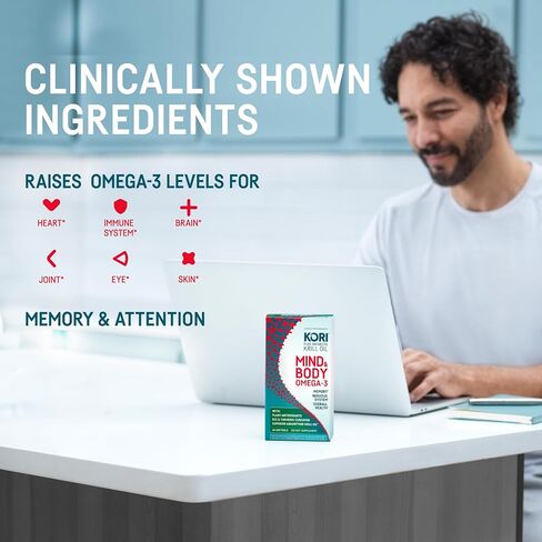 Kori Krill Kori Mind & Body Omega-3 Oil Omega 3, Brain Supplements for Memory and Focus, Lutein, Zeaxanthin, B12, Tumeric Curcumin, 80 Softgels in Saudi Arabia