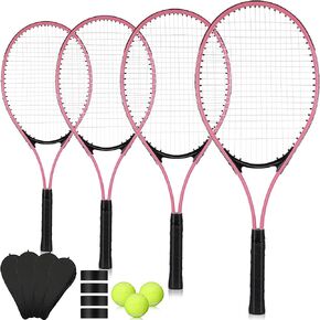 4 Pcs Tennis Rackets for Adults Recreational 4 Players 27" Tennis Racquets Lightweight Tennis Rackets with 3 Tennis Balls for Women Men Tennis Training Beginners with Overgrips Carry Bag