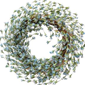 TEMPUS 18" Artificial Forsythia Wreath for Front Door Spring and Summer Wreath for Indoor and Outdoor Decor, Rustic and Farmhouse Style Home Wreath(Blue)