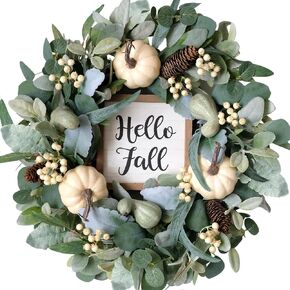 20inch Fall Wreath Pumpkin Wreath Harvest Wreath Green Leaf Wreath Hello Fall Sign Wreath Front Door Back Door Hallway Decorative Wreath Thanksgiving Harvest Festival Celebration Wreath