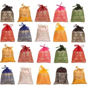 Touchstone Drawstring Bags Traditional Indian Handcrafted in Elephant Pattern Brocade fabric. Perfect for Gifts Jewelry Weddings Sweet Distribution Set of 20 Vibrant Multicolor Pouches Purses Potli.