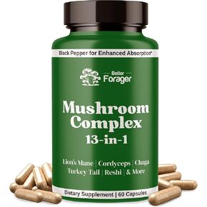 Mushroom Complex Capsules, 13-in-1 Mushroom Supplement, Lion's Mane, Reishi, Cordyceps, & More, Promotes Focus, Clarity, & Memory, Mushroom Extract Supplement, 1 Month Supply, 60 Count