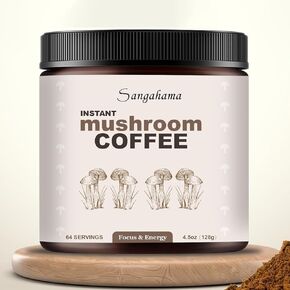 Mushroom Coffee-64 Servings|Instant Coffee Powder|5 Mushrooms(Lion’s Mane, Reishi, Turkey Tail& More)|4.5oz (128g)