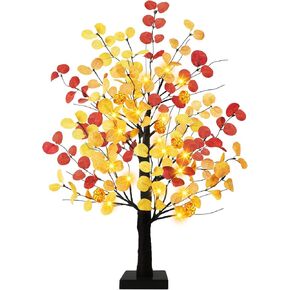 Uieke 24inch Artificial Fall Eucalyptus Tree 24 LED Prelit Tabletop Fall Tree with 6 Pumpkin Lights Battery Operated with Timer, Fall Decorations for Home Thanksgiving Halloween Decor