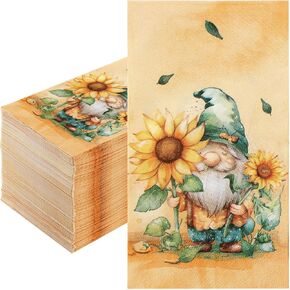 Homlouue 100PCS Fall Napkins 3-ply, Disposable Thanksgiving Napkins, Vintage Gnome & Sunflower Paper Napkins for Harvest Fall Thanksgiving Party, Fall Paper Guest Towels for Bathroom Kitchen Dinner
