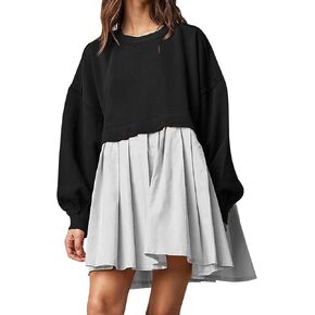 Chatinction Oversized Sweatshirt Dress Women Long Sleeve Crew Neck Patchwork Pullover Tops Sweatshirt Jump Mini Dress in Kuwait