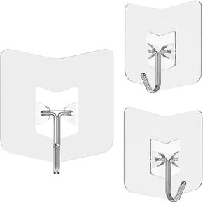 Adhesive Hooks for Hanging 3 Pack, 33 lbs Heavy Duty Wall Hooks 304 Stainless Steel Self Adhesive Towel Hook Waterproof Transparent Sticky Hooks for Kitchen Glass Door (3)