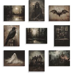 abrtolpffo Gothic Wall Art, 9 Pieces 8x10in Dark Academia Wall Decor, Spooky Ghost Witch Raven Bat Haunted House Pictures, Dark and Moody Forest Landscape Art Gothic Decor