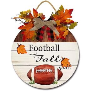 Football & Fall y'All Sign Front Door Decor, Rustic Round Wood Wreaths Wall Hanging , Porch, Spring Summer Fall All Seasons Holiday Halloween Xmas Soccer Round 12'' (FLWOODTIS90201_35Q)