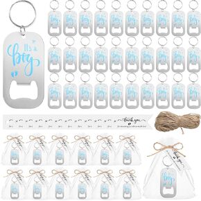 50 Sets Baby Shower Favors Baby Boy Girl Party Gift Beer Opener Keychain Bottle Opener Keychain Thank You Tags Organza Bags and Twine Baby Shower Party Favors for Guests Gender Reveal (Boy)