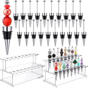 20 Pcs Beadable Wine Bottle Stoppers and 16 Slot Clear Acrylic 2 Tier Riser Wine Stopper Holder Wine Stopper Display Stand Rack for Countertop, 9.45''L x 4.72''H x 3.94''W