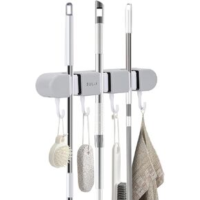 Broom Holder with 3 Slots & 4 Hooks Heavy Duty Garden Tool Organizer Broom Hanger Wall Mount for Home Laundry Room Kitchen Closet Shed Garage Organization and Storage - Grey