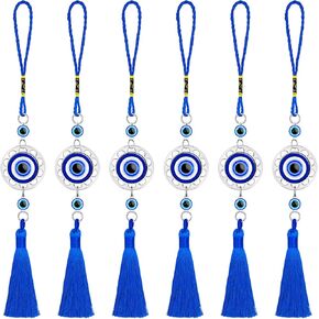 Lucky Evil Eye Car Hanging Ornament Blue Resin Evil Eye Beads Charm Pendant Blue Eyes Tassel Rear View Mirror Hanging Accessories Evil Eye Protection Pedant Charms for Car Home Decors (6 Pieces)