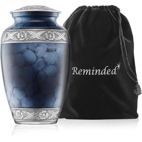 Reminded Cremation Memorial Urn for Human Ashes, Silver and Blue Adult Funeral Urn with Velvet Bag
