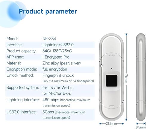 محرك أقراص USB مشفر 256/128/64 جيجابايت، محرك فلاش بصمة الإصبع، قرص U آمن 3 في 1 محمي بكلمة مرور، شريحة ذاكرة للصور لأجهزة iPhone Android/PC المحمولة (128 جيجابايت) in Kuwait