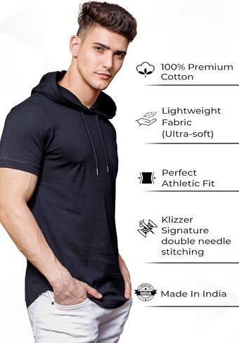 Short Sleeve Hooded T-Shirts for Men - 100% Cotton Shirts - Lightweight Muscle Tees Pullover Summer Hoodies in Saudi Arabia