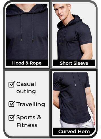 Short Sleeve Hooded T-Shirts for Men - 100% Cotton Shirts - Lightweight Muscle Tees Pullover Summer Hoodies in Saudi Arabia