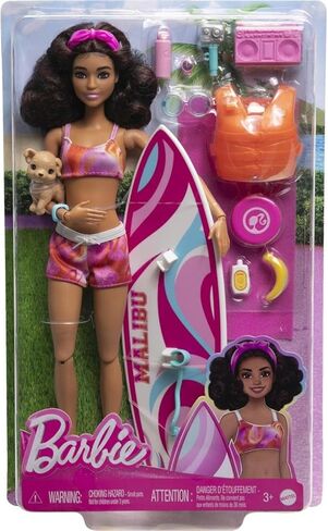 Barbie HPL69 Surf Doll Articulated Mannequin Brown Surfboard Puppy Themed Accessories Children's Toy from 3 Years in Saudi Arabia