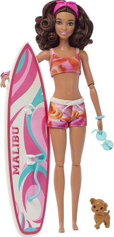 Barbie HPL69 Surf Doll Articulated Mannequin Brown Surfboard Puppy Themed Accessories Children's Toy from 3 Years in Saudi Arabia