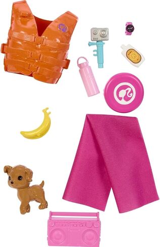 Barbie HPL69 Surf Doll Articulated Mannequin Brown Surfboard Puppy Themed Accessories Children's Toy from 3 Years in Saudi Arabia