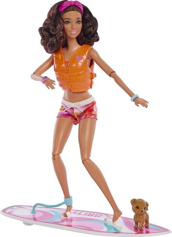 Barbie HPL69 Surf Doll Articulated Mannequin Brown Surfboard Puppy Themed Accessories Children's Toy from 3 Years in Saudi Arabia