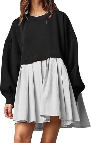 Chatinction Oversized Sweatshirt Dress Women Long Sleeve Crew Neck Patchwork Pullover Tops Sweatshirt Jump Mini Dress in Kuwait