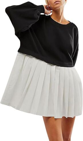 Chatinction Oversized Sweatshirt Dress Women Long Sleeve Crew Neck Patchwork Pullover Tops Sweatshirt Jump Mini Dress in Kuwait