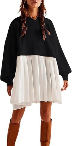 Chatinction Oversized Sweatshirt Dress Women Long Sleeve Crew Neck Patchwork Pullover Tops Sweatshirt Jump Mini Dress in Kuwait