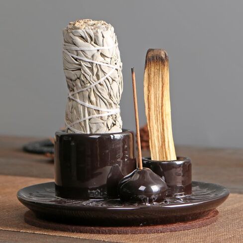 حامل عصا البخور السيراميكي من Comeon، حامل بخور منزلي 3 في 1 لليوجا والحرق (أسود) in Kuwait