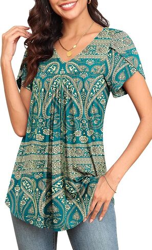 LAOLASI Womens 2024 Summer Tunic Petal Short Sleeve Casual Tops V Neck Flowy Tee Hide Belly Shirt Blouse in Kuwait