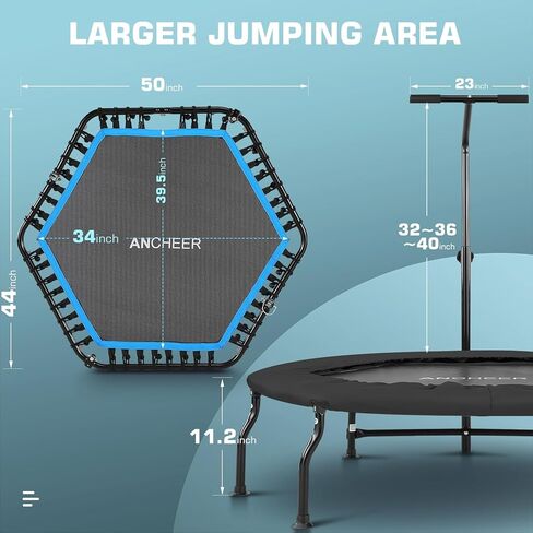 ANCHEER 50 بوصة ترامبولين ريبوندر للبالغين مع بار، 550 رطل ترامبولين صغير للتمارين الهادئة، بنجي ريبوندر، القفز، تدريب القلب للبالغين in Kuwait