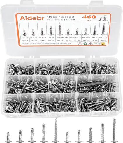 460PCS Self Tapping Screws for Metal - #8#10 410 Stainless Steel Screws Assortment kit, Length 1/2" to 1-1/4'' Truss Head Sheet Metal Self Drilling Screws in Saudi Arabia