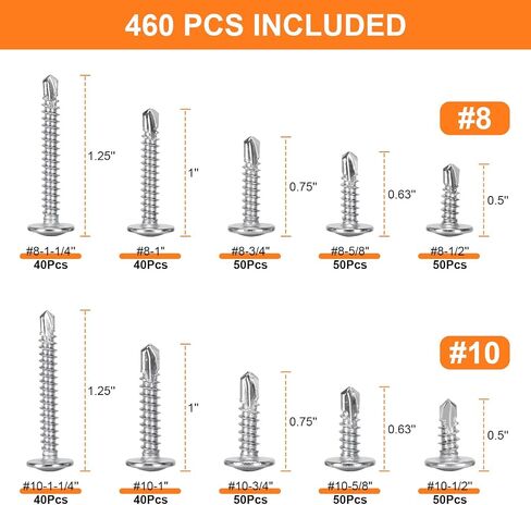 460PCS Self Tapping Screws for Metal - #8#10 410 Stainless Steel Screws Assortment kit, Length 1/2" to 1-1/4'' Truss Head Sheet Metal Self Drilling Screws in Saudi Arabia