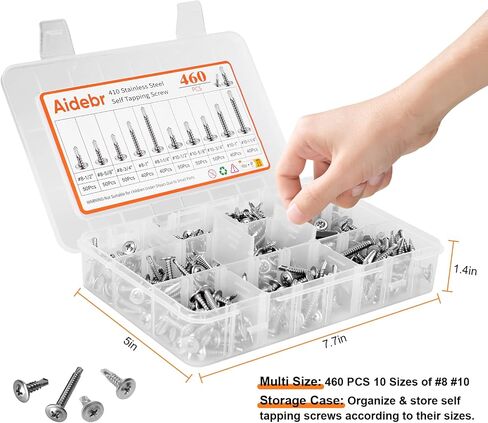 460PCS Self Tapping Screws for Metal - #8#10 410 Stainless Steel Screws Assortment kit, Length 1/2" to 1-1/4'' Truss Head Sheet Metal Self Drilling Screws in Saudi Arabia
