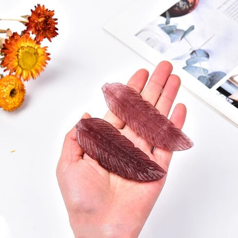 JIC Gem 2pc Strawberry Stone Crystals Feather Shape Ornament Red Quartz Crystal Gemstone Decorative Office Home Decor Reiki Energy Balance in Kuwait