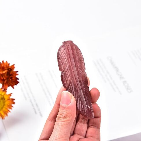 JIC Gem 2pc Strawberry Stone Crystals Feather Shape Ornament Red Quartz Crystal Gemstone Decorative Office Home Decor Reiki Energy Balance in Kuwait