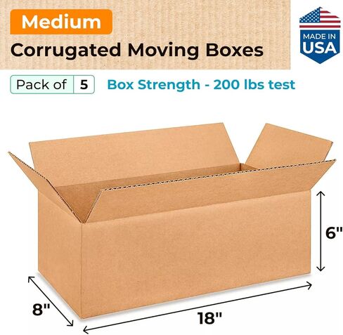 IDL Packaging Medium Corrugated Moving Boxes 18"L x 8"W x 6"H (Pack of 5) - Excellent Choice of Sturdy Packing Boxes for USPS, UPS, FedEx Shipping - Easy-to-Recycle Cardboard Boxes for Packaging in Saudi Arabia
