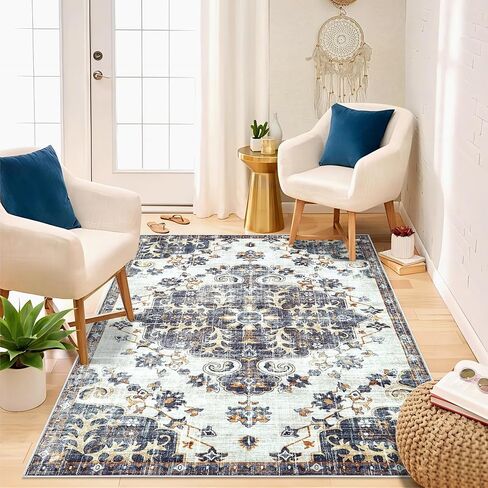 Area Rug 6x9 Living Room Rugs - Large Washable Vintage Floral Boho Area Rug Non-Slip Bedroom Rug Soft Low-Pile Oriental Indoor Carpet for Dining Room Office Nursery (Grey, 6'x9') in Saudi Arabia