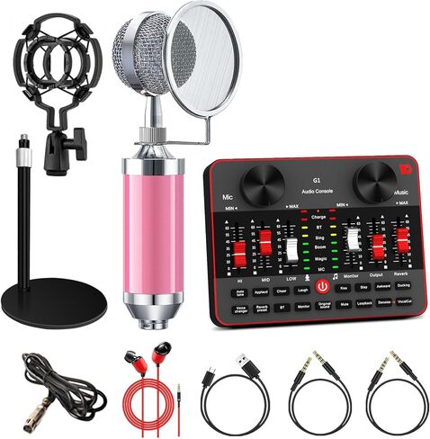 اثنين من ميكروفون ستوديو مكثف مقاس 3.5 ملم وبطاقة صوت حية G1، وخلاط صوت مع واجهة، وحزمة معدات البودكاست لتسجيل الغناء والبث المباشر للألعاب in Kuwait