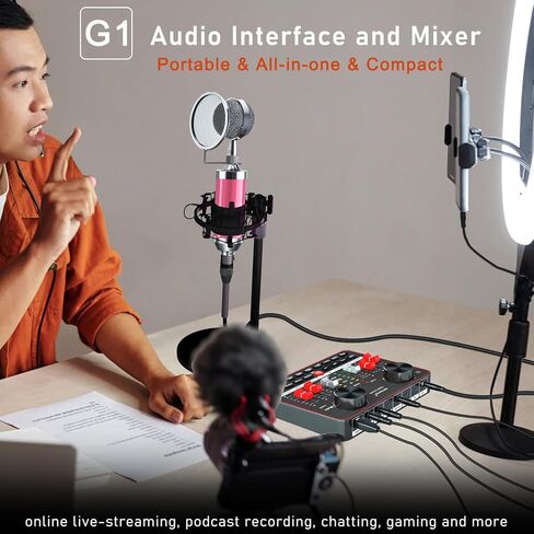 اثنين من ميكروفون ستوديو مكثف مقاس 3.5 ملم وبطاقة صوت حية G1، وخلاط صوت مع واجهة، وحزمة معدات البودكاست لتسجيل الغناء والبث المباشر للألعاب in Kuwait