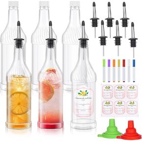 Dualshine 12 Pcs Plastic Long Neck Bottles 32 oz Syrup Bottles with Liquor Pour Spout and Caps Juice Pour Bottles with Stainless Steel Bottle Pourer for Liquor,Syrup,Juice,Bars