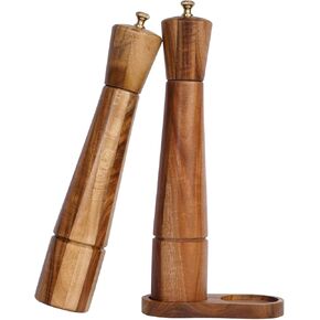 Salt and Pepper Grinder Set with Tray, Adjustable Ceramic Grinder Salt Mill, Stainless Steel Grinder Pepper Mill, Acacia Wood, 32 cm / 12 inch Height, Bottom Dia 6 cm (Tray is Included)